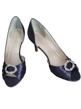 Benjamin Walk Women's Peep Toe Blue Satin Dress Casual Heels w/ Rhinestone Sz 10
